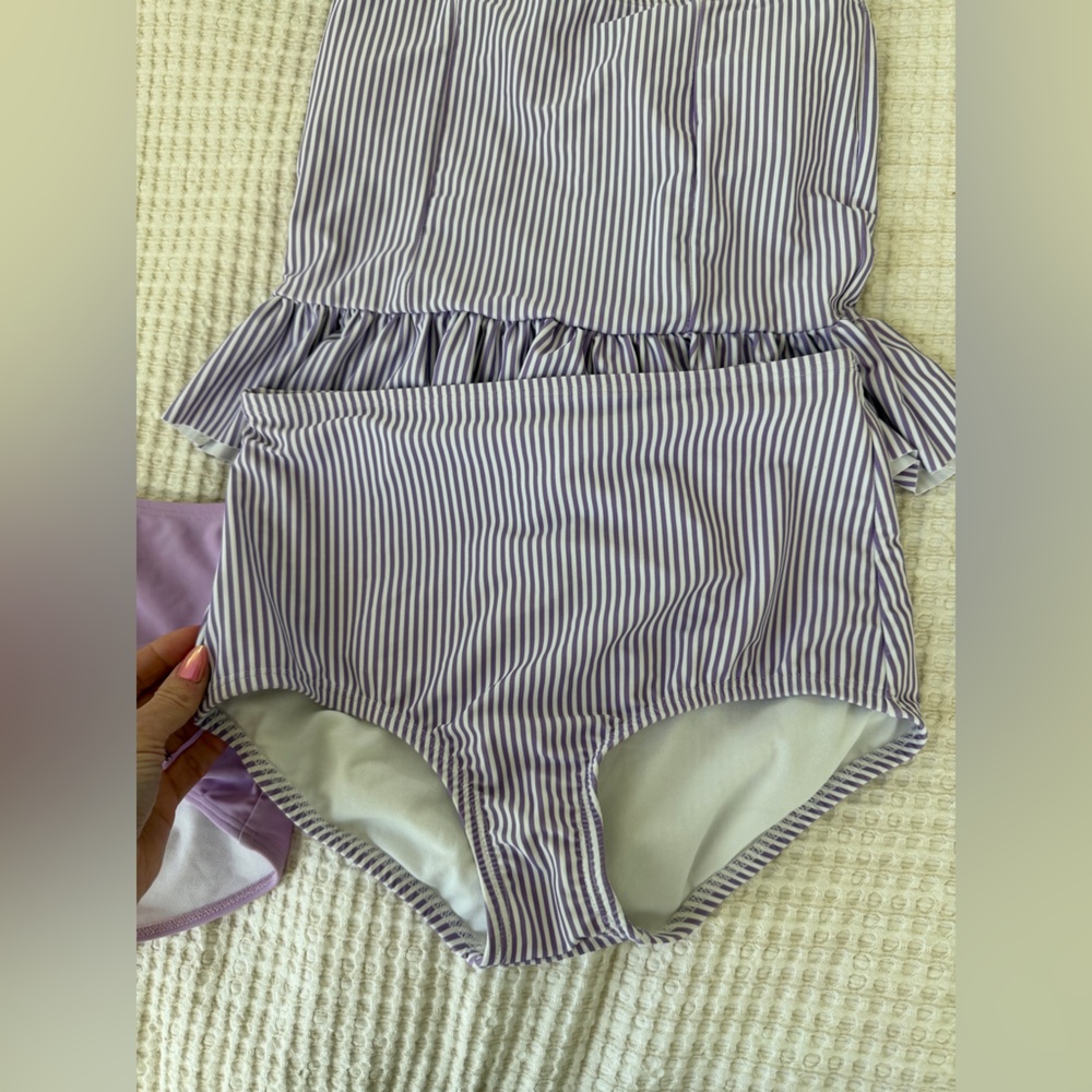 Striped Ruffle One-Piece Swimsuit in Light Lavender - Picture 3 of 9